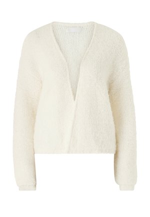 Kremfarvet, tekstureret cardigan med lange ærmer, dyb V-hals og blødt, fluffy stof.
