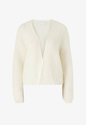 Cardigan à manches longues de couleur crème, texturé, avec un col en V profond et un tissu doux et duveteux.