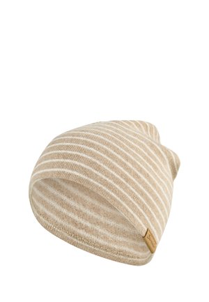 Beige and white striped knitted beanie with a small brown tag on the side, shown on a white background.