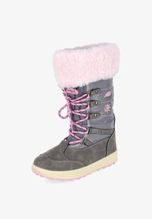 Bota de invierno infantil con cuerpo gris, puño de piel rosa, cordones rosas, costuras decorativas y suela beige con dibujo rosa.