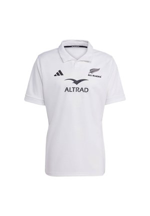 Weißes Rugby-Trikot aus strukturiertem Stoff mit Polo-Kragen. Verziert mit schwarzen Logos: Adidas, Altrad und All Blacks, sowie einem zentralen schwarzen Emblem.