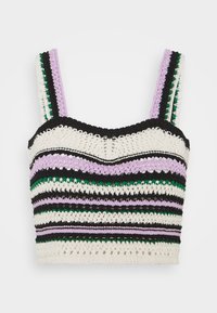 Haut bustier au crochet avec des rayures horizontales en crème, noir, violet et vert. Encolure carrée avec de larges bretelles, texture en tricot open.