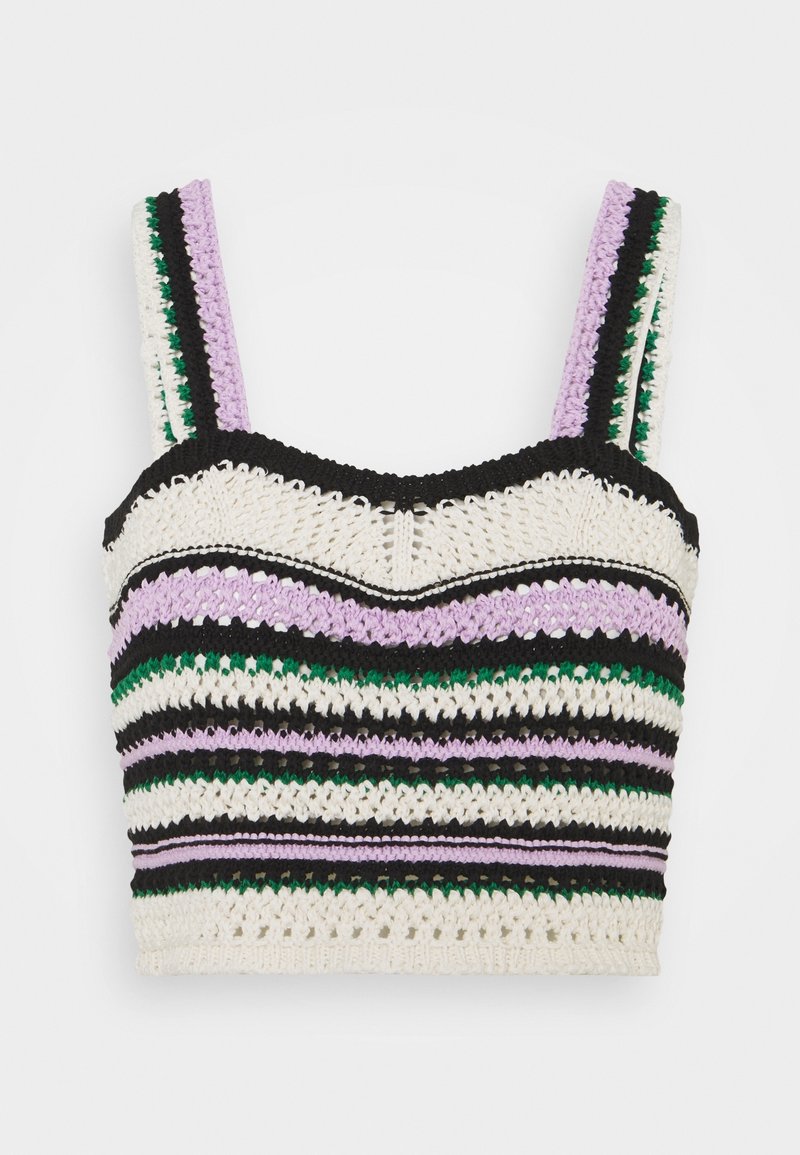Haut bustier au crochet avec des rayures horizontales en crème, noir, violet et vert. Encolure carrée avec de larges bretelles, texture en tricot open.