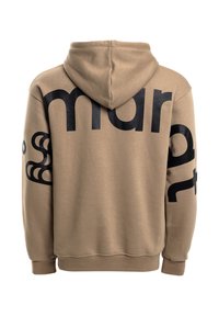 Kergedega helbepruun kapuutsiga sviiter, millel on suur must bränding seljal ja varrukal, pehme tekstuuriga ja ribadega mansetid.