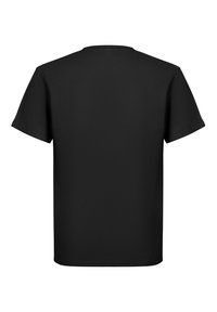 Svart bomulls T-skjorte med korte ermer, rund hals og glatt tekstur; har et enkelt, ensfarget design uten mønstre eller detaljer.