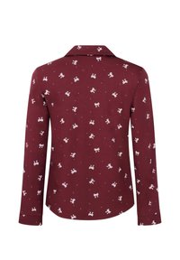 Bordeauxrode shirt met lange mouwen, voorzien van een wit strikkenpatroon, een button-down kraag en een rechte zoom. Zachte stof met een gladde textuur.