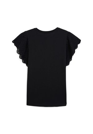 Maglietta nera con maniche corte a occhiello smerlate, scollo rotondo e una texture liscia. La vista posteriore mostra un design semplice.