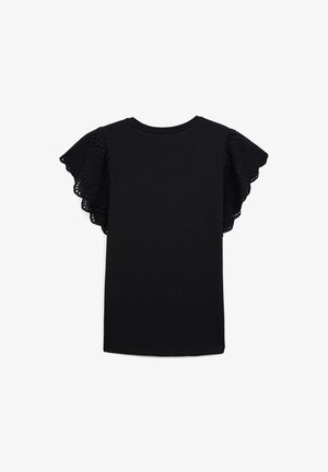 Maglietta nera con maniche corte a occhiello smerlate, scollo rotondo e una texture liscia. La vista posteriore mostra un design semplice.