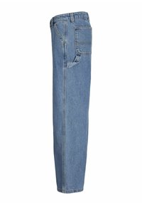 Jeans in denim blu chiaro con un design a gamba dritta, dotati di una tasca posteriore e cuciture visibili lungo le cuciture.