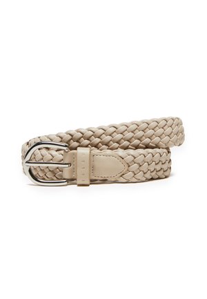 Woven beige leather belt with a silver metal buckle. Features a textured design and a smooth leather strap with an embossed logo.