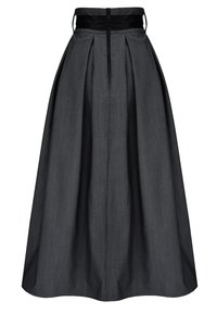 Szara plisowana spódnica z wysokim stanem i czarnym paskiem. Posiada ukryty zamek z tyłu oraz miękką, teksturowaną tkaninę.