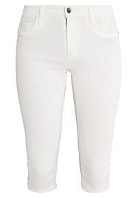 Jean capri en mélange de coton blanc avec une coupe ajustée, design à cinq poches et fermeture par bouton à l'avant. Texture lisse avec un minimum de détails.
