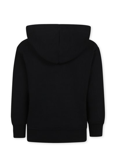 Zwarte hoodie met een gladde textuur, een capuchon met trekkoord en ribgebreide manchetten en onderkant. Heeft een eenvoudig, onopgesmukt ontwerp zonder graphics.