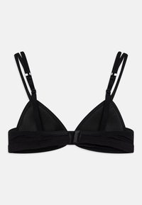 Svart trekantet bralette med justerbare stropper, mykt stoff og en jevn kant. Minimalistisk design uten ekstra hardware eller dekorasjoner.