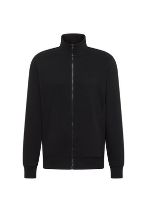 Black full-zip jacket with high collar, long sleeves, ribbed cuffs and hem, and subtle side pockets.