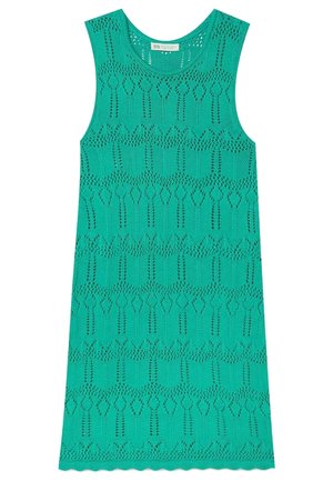 Robe au crochet sans manches couleur sarcelle mi-longue, avec un col rond et un motif ajouré tout au long.
