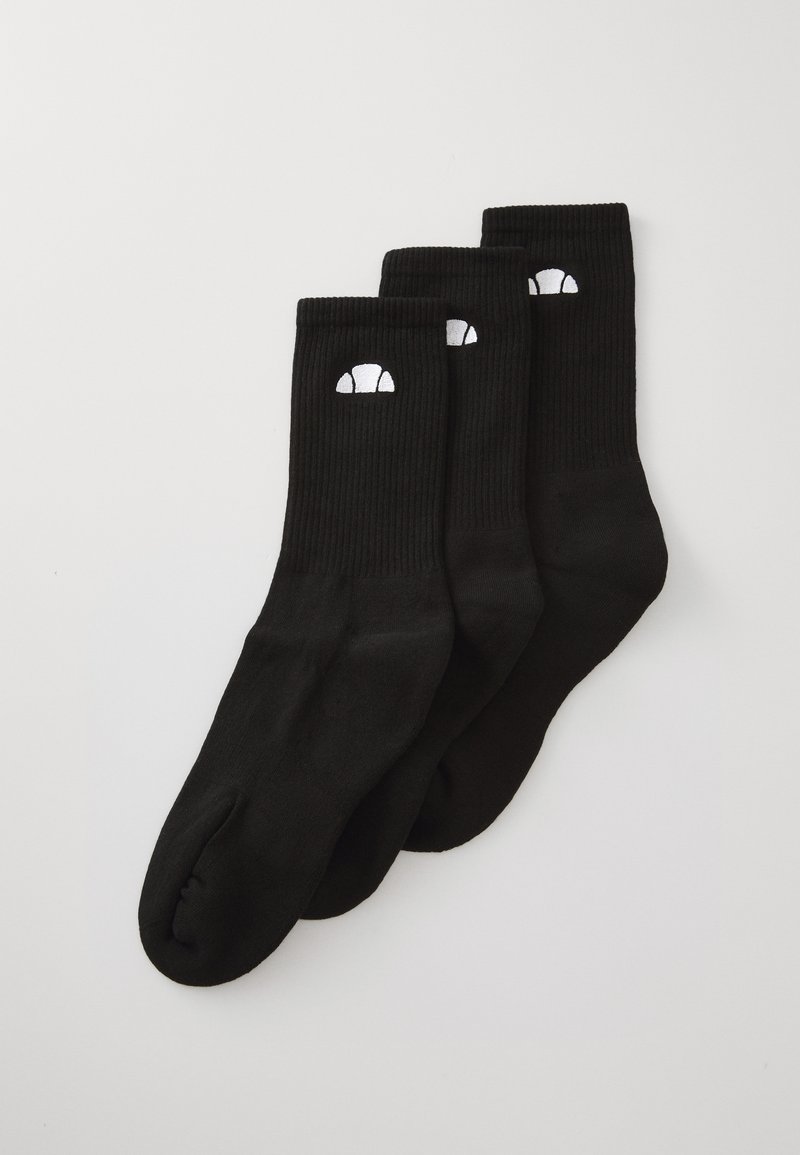 Drei Paare schwarzer Crew-Socken mit gerippten Bündchen und einem kleinen weißen Croissant-Logo nahe der Oberseite, flach auf einer weißen Oberfläche ausgelegt.