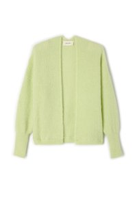 Cardigan verde chiaro con una lavorazione a maglia morbida e testurizzata. Presenta una parte anteriore aperta, maniche lunghe e polsini a costine, senza chiusure o motivi.