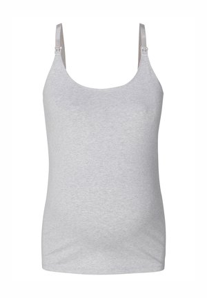 Hellgraues, dehnbares Tanktop mit Rundhalsausschnitt und verstellbaren Trägern, die über einen Verschluss für einfaches An- und Ausziehen verfügen, entworfen für Komfort.