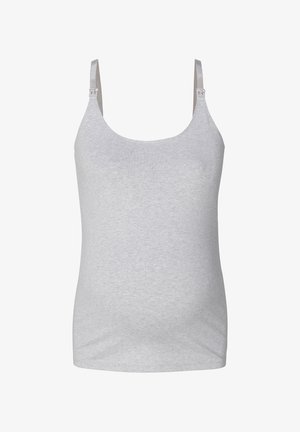 Light gray, stretchy tank top with a scoop neckline and adjustable straps featuring a clasps for easy wear, designed for comfort.