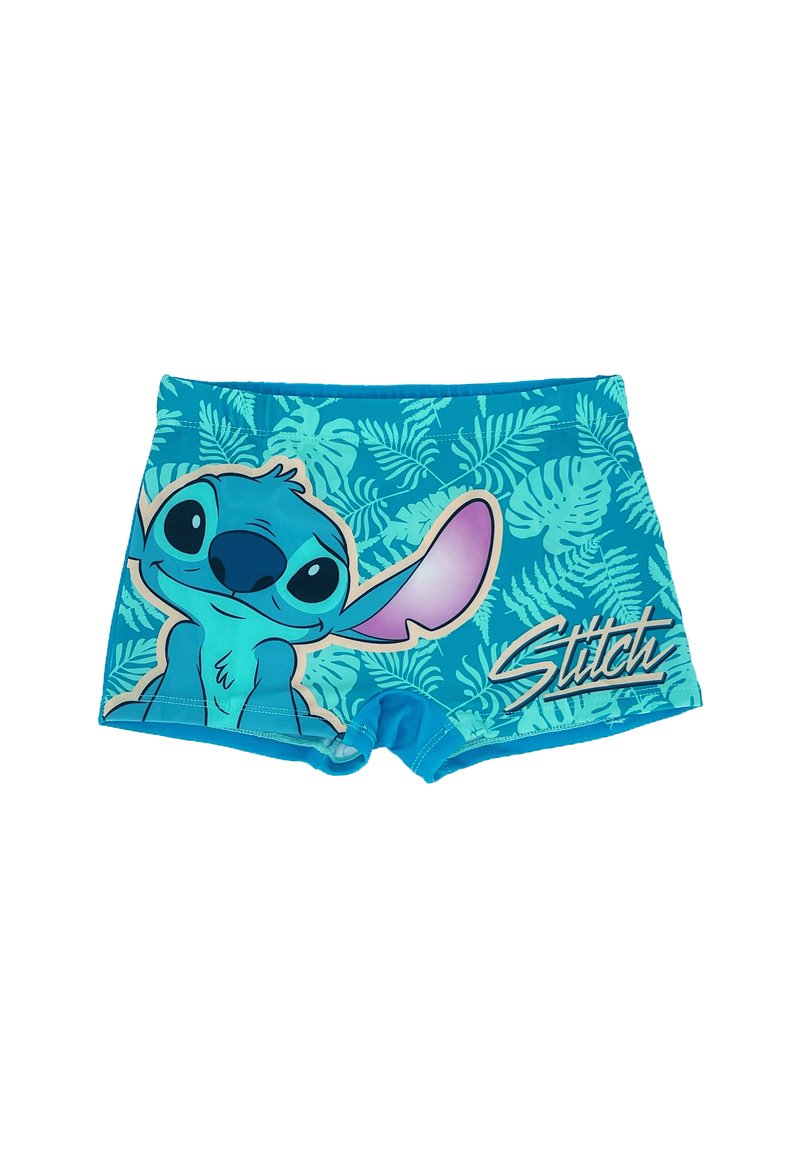 Shorts de bain bleus avec un personnage de dessin animé aux grandes oreilles. Le design comprend des motifs de feuilles vertes et le mot "Stitch" en blanc.