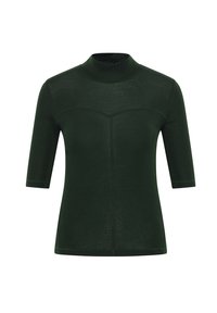 Dark green short-sleeve top with high neckline and seam detailing on chest and down the center front.