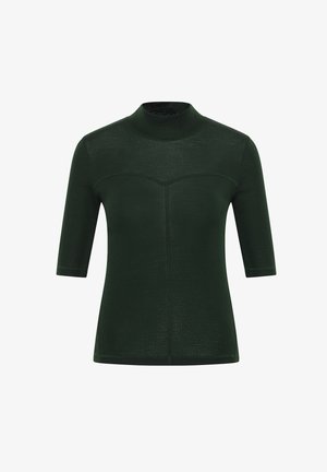 Dunkelgrünes Kurzarmoberteil mit hohem Ausschnitt und Nahtdetails auf der Brust und entlang der Vordermitte.