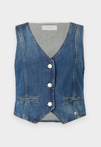 Denim vest in medium blue with a v-neck, silver button front, and two open pockets. Features contrasting stitching and a slightly cropped hem.