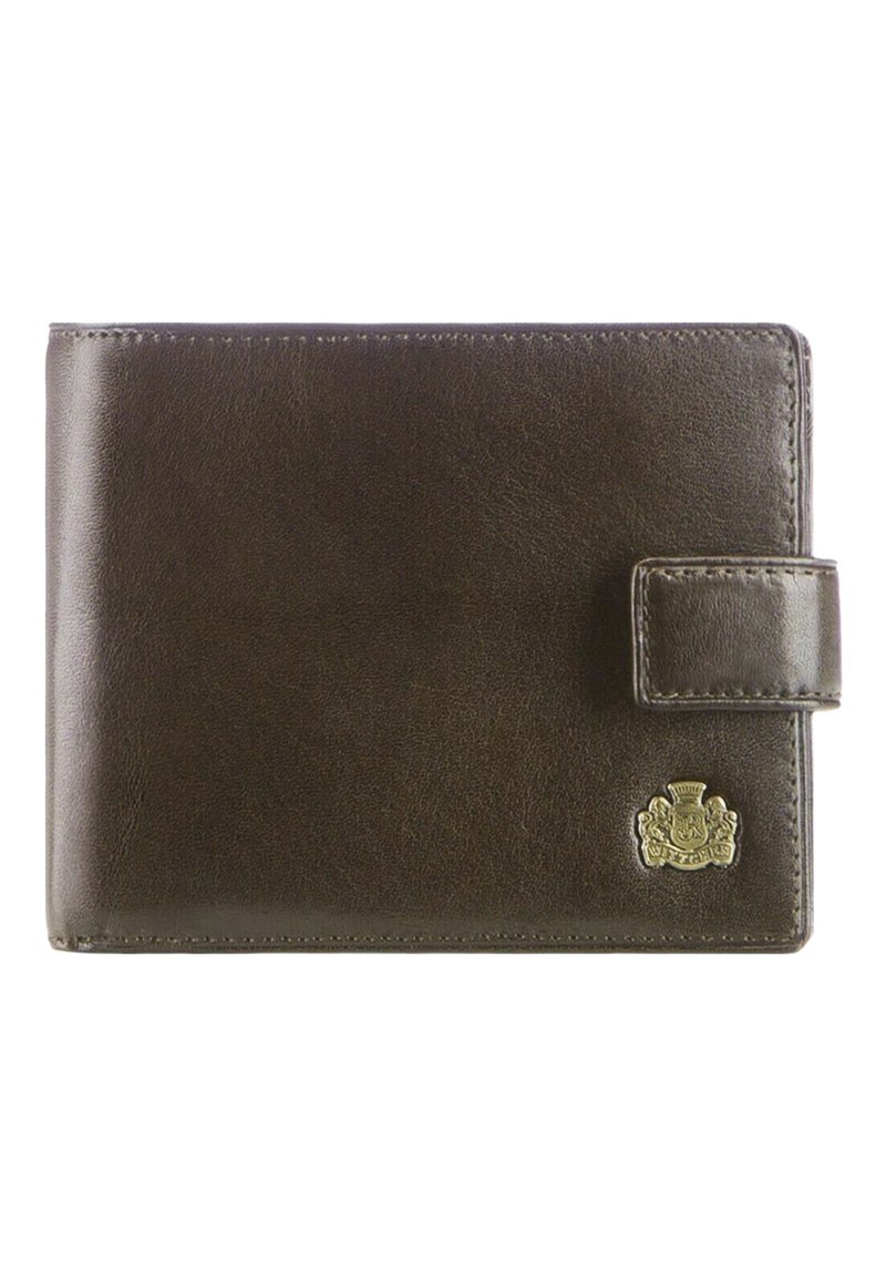 Brown leather wallet with a smooth texture, featuring a button closure and a metal emblem on the front. Compact rectangular shape.