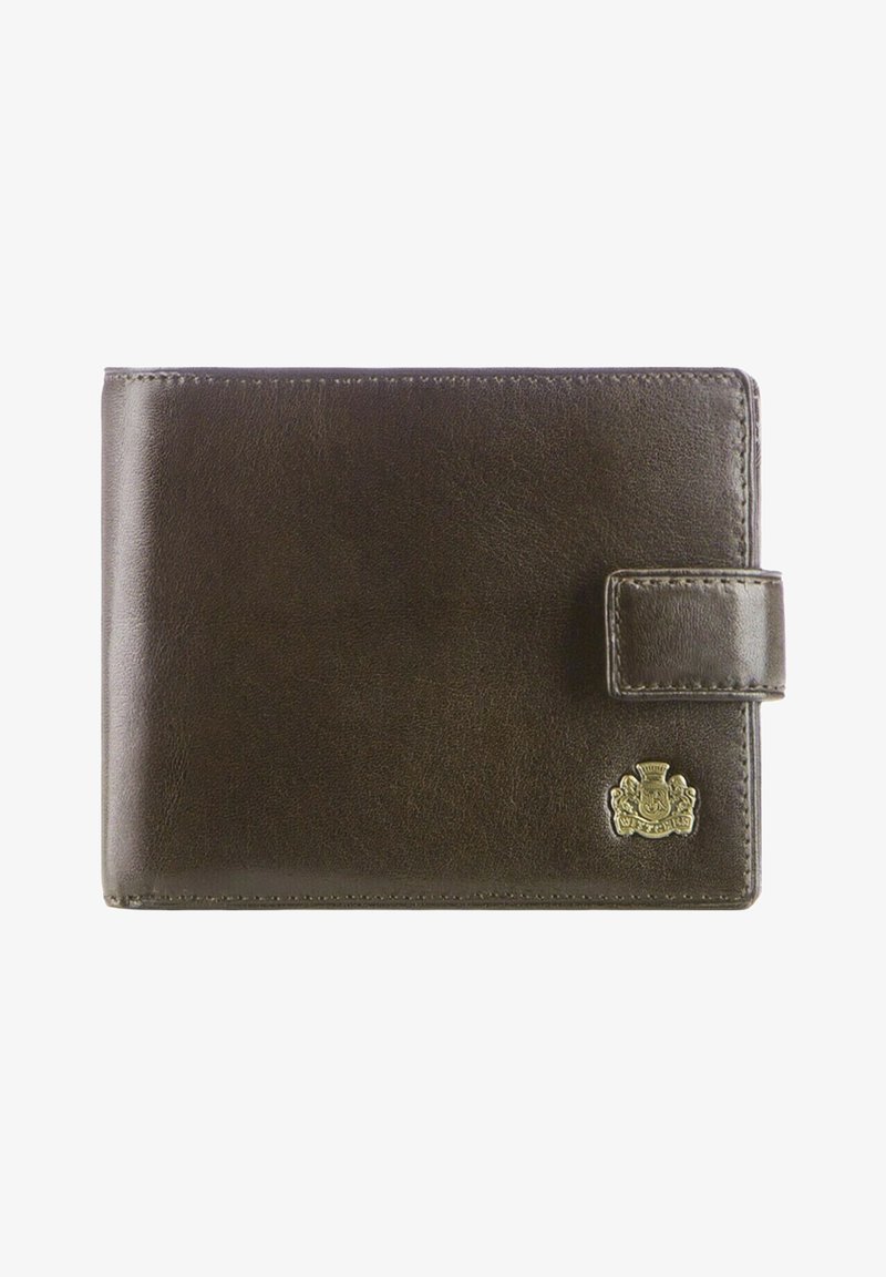 Portafoglio in pelle marrone con una superficie liscia, dotato di chiusura a pulsante e di un emblema metallico sulla parte frontale. Forma rettangolare compatta.