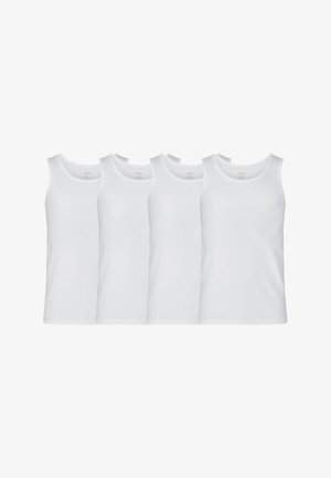 Four white cotton tank tops with a smooth texture, round necklines, and no pattern, designed for basic wear and layering.