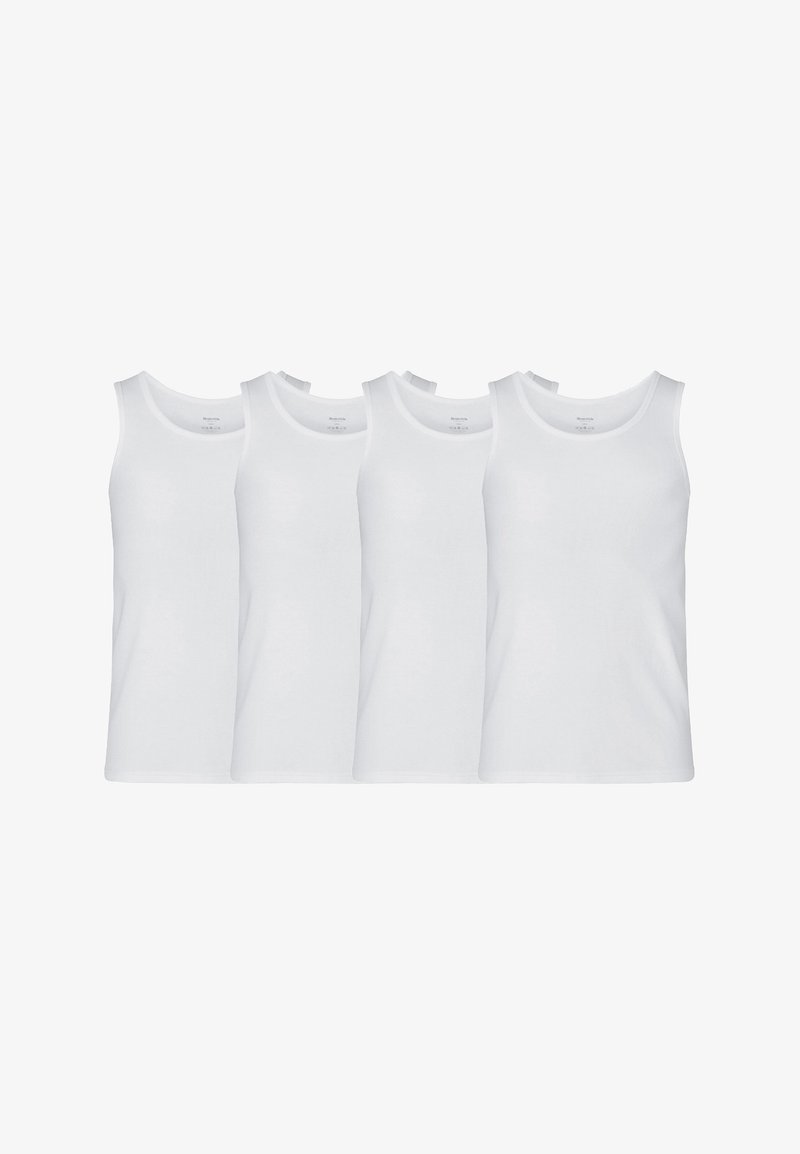 Fyra vita bomullslinnen med en slät textur, rund halsringning och utan mönster, designade för grundläggande användning och lager-på-lager styling.
