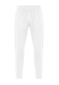 Weiße Sporthosen mit elastischem Bund, seitlichen Taschen, Druckknopfdetails entlang der Beine und einer glatten, leichten Stofftextur.