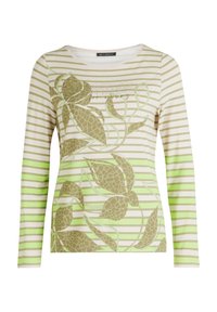 Langärmliges gestreiftes Hemd in Creme, Grün und Beige mit floralem Design und strukturierten Details. Rundhalsausschnitt und weicher Stoff.