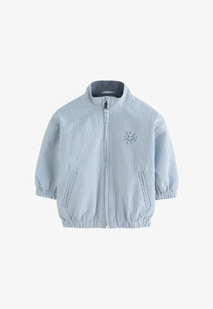 Hellblau-weiß gestreifte Reißverschlussjacke für Kinder mit elastischen Bündchen, zwei vorderen Taschen und einem kleinen Sonnensymbol auf der Brust.