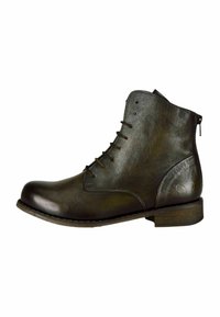Stivale alla caviglia in pelle marrone con punta tonda, chiusura con lacci frontale e zip laterale. Presenta una finitura texturizzata e un tacco in legno basso.