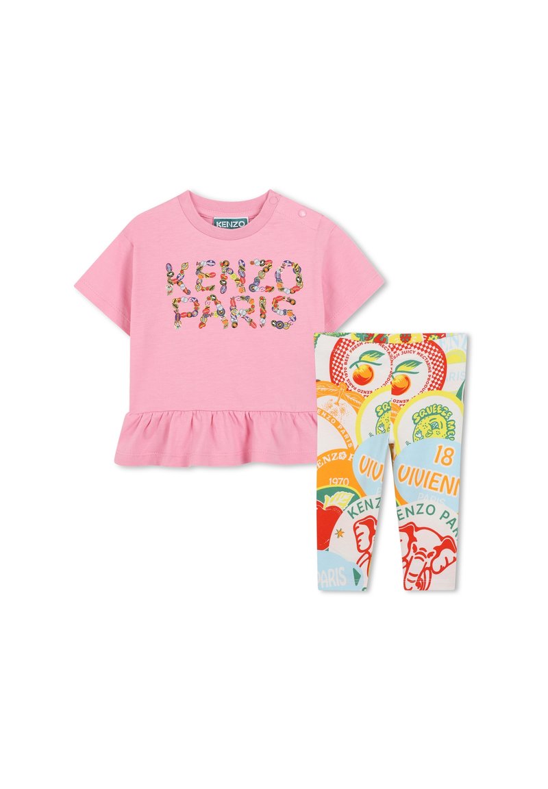 Rosa Kurzarmhemd mit einem Peplum-Saum und floralem "KENZO PARIS"-Druck. Bunte Leggings mit verschiedenen Obst- und Tiergrafiken.