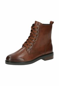 Stivaletti in pelle marrone con punta rotonda, design con lacci e tacco basso impilato. Presentano un tassello sul retro per una facile calzata.