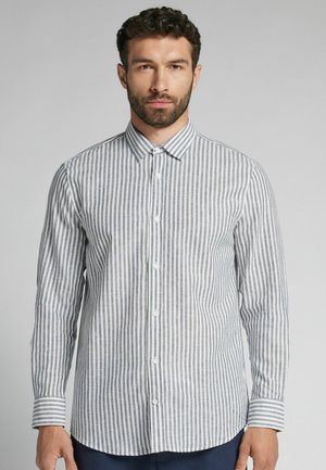 Long-sleeve shirt featuring alternating blue and white vertical stripes, button-up front, collar, and cuff detailing in a lightweight fabric.