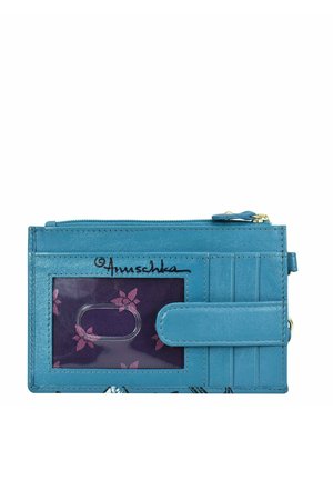 Turquoise leren portemonnee met ritsluiting, transparante ID-slots, bloemenvoering en een drukknopaccessoire. Heeft gestikte accenten.