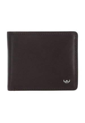 Portefeuille bifold en cuir marron foncé avec bords cousus et petit logo argenté dans le coin inférieur droit.