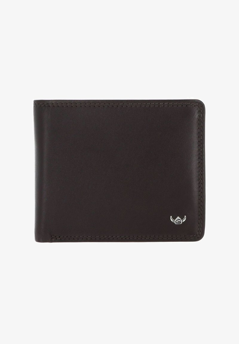 Portefeuille bifold en cuir marron foncé avec bords cousus et petit logo argenté dans le coin inférieur droit.