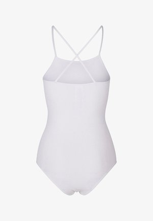 Valkoinen ribattu yksiosainen uimapuku, jossa on ristiselkäiset spagettiolkaimet ja sileä pinta. Suunniteltu sääntömääräisen siluetin saavuttamiseksi.