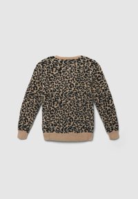 Maglione beige a maniche lunghe con motivo leopardato nero, polsini e bordo a costine, disposto su uno sfondo grigio chiaro.