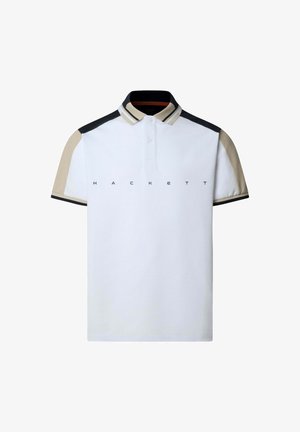 Weißes Poloshirt mit beigen und schwarzen Ärmeln, gestreiftem Kragen, zweiknöpfiger Knopfleiste und dem Aufdruck "HACKETT" auf der Brust.
