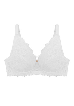 Soutien-gorge en dentelle blanche avec motifs floraux, bretelles réglables, armatures, bords festonnés, orné d'un petit charm décoratif rond au centre.