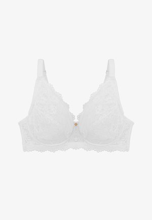 Soutien-gorge en dentelle blanche avec motifs floraux, bretelles réglables, armatures, bords festonnés, orné d'un petit charm décoratif rond au centre.