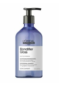 L'Oréal Professionnel Blondifier Gloss shampoo, 500 ml, in a transparent purple plastic bottle with a black pump dispenser and white label.