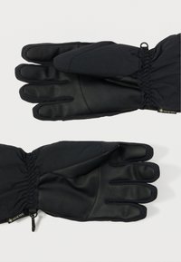 Melnas ziemas cimdi ar Gore-Tex audumu, ādas plaukstām, elastīgām aprocēm un nelielu klipu pievienošanai, izklāti uz gaiša fona.