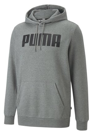 Grauer Puma-Hoodie mit Fronttasche, Kordelzug an der Kapuze, gerippten Bündchen und schwarzem Puma-Logo auf der Brust.